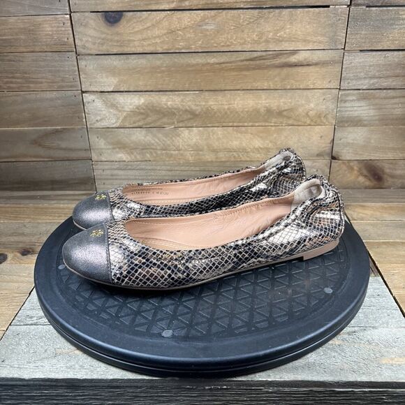 Tory Burch Womens Size 6.5 Python Snake Print Metallic Gold York Cap Toe Flats - Picture 3 of 10